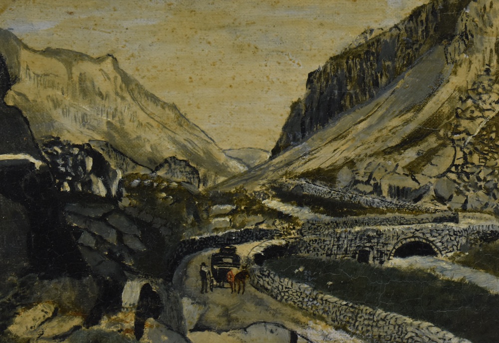 Gerard Dillon (Irish, 1916 1971) Oil On Board Landscape Carriage Crossing A Stone Bridge Bounded By Rocky Hills Sold Ś1,000