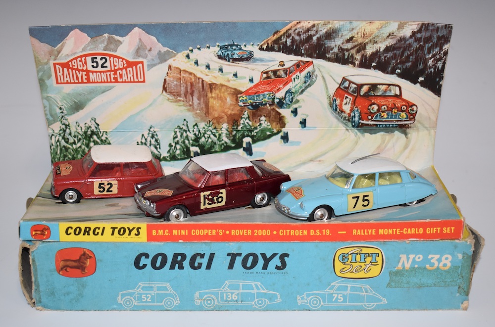 Corgi Toys Diecast Model Gift Set 38 Rallye Monte Carlo With BMC Mini Cooper 'S', Rover 2000 And Citroen DS19, In Original Box With Picture Display Stand. Sold £550
