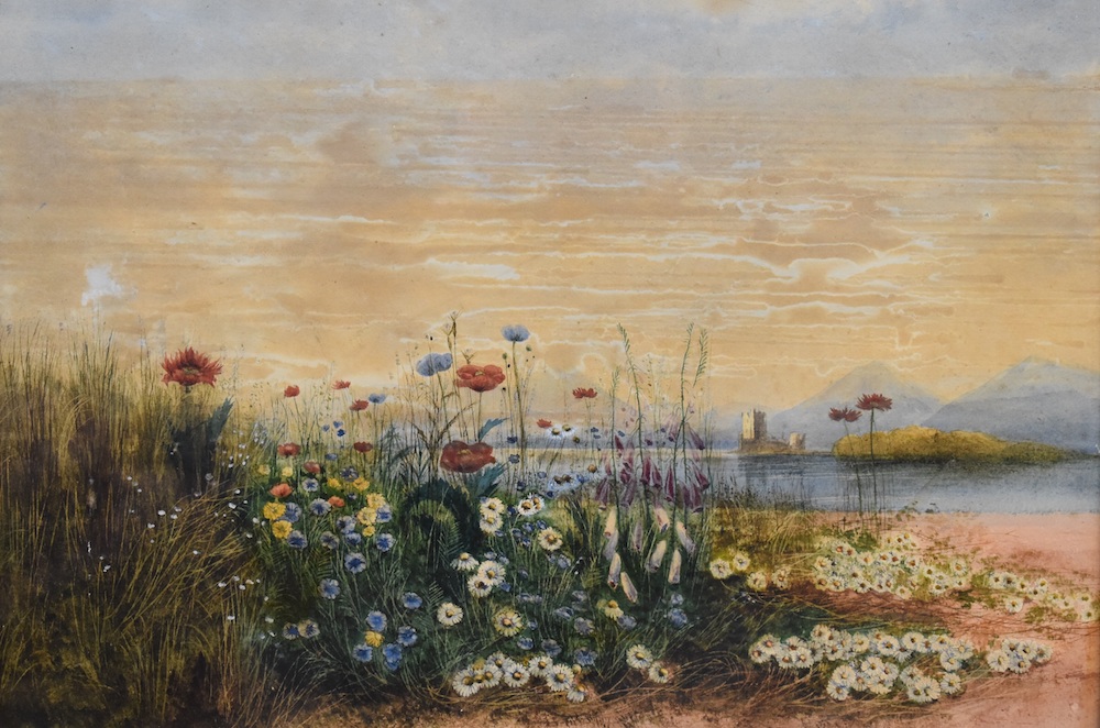 Andrew Nicholl RHA (Irish, 1804 1886) Watercolour Estuary Landscape With Castle Viewed Through Flowers To The Foreground Sold Ś2,200