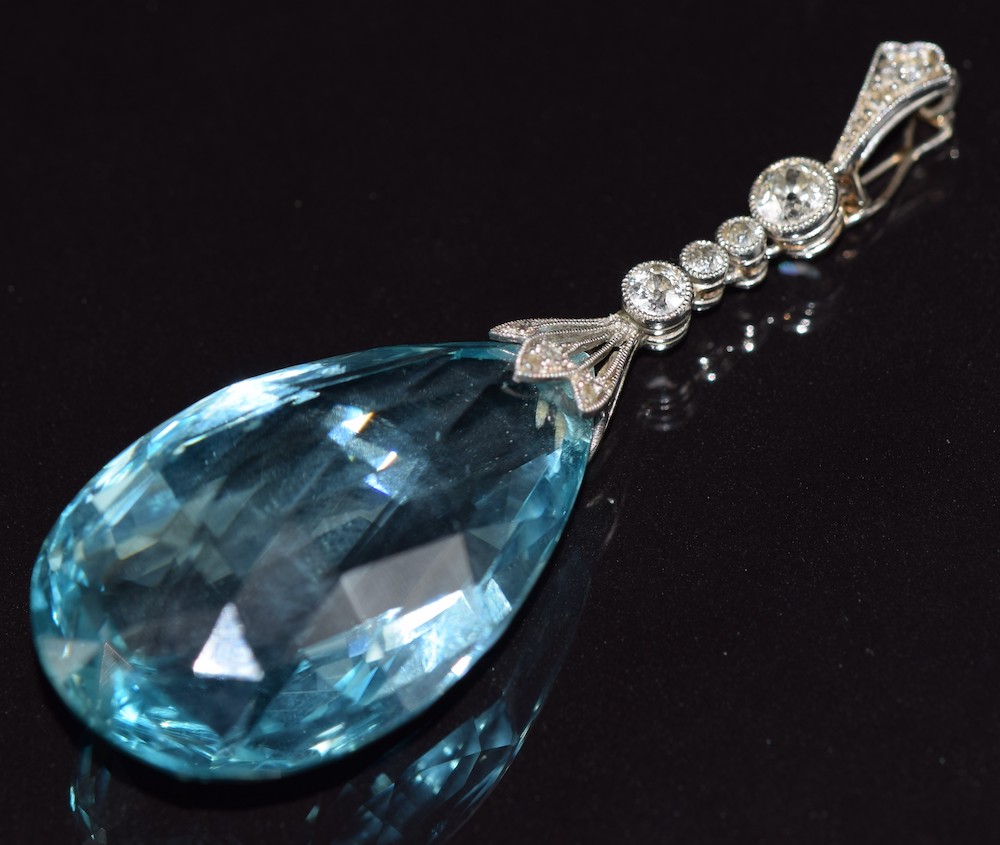 Art Deco Platinum Pendant Set With A Briolette Cut Aquamarine And Old Cut Diamonds. Sold For £7000