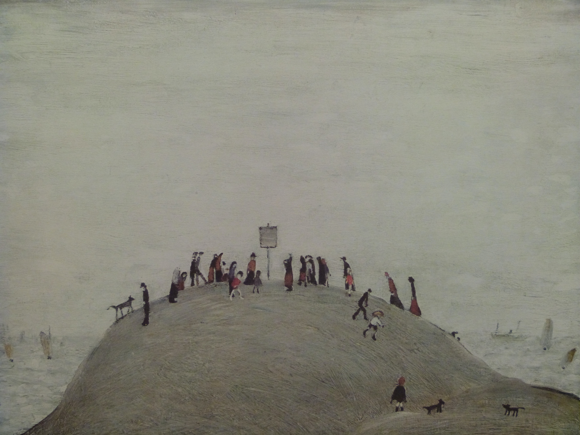 LS Lowry Signed Print 'The Noticeboard' Of A Crowd On A Hill Overlooking The Sea; Blind Stamped Lower Left And Signed In Pencil Lower Right. Sold For Ś1900