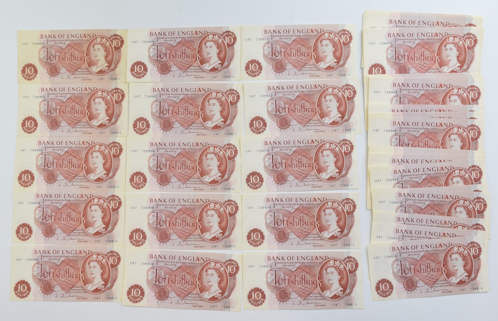 Ninety Six Bank Of England Near Consecutive 10 Shillings Banknotes, 1963 First Issue, Signed J.Q. Hollom, Prefix U47, Serial Number 739901 – 74000. Sold For £300