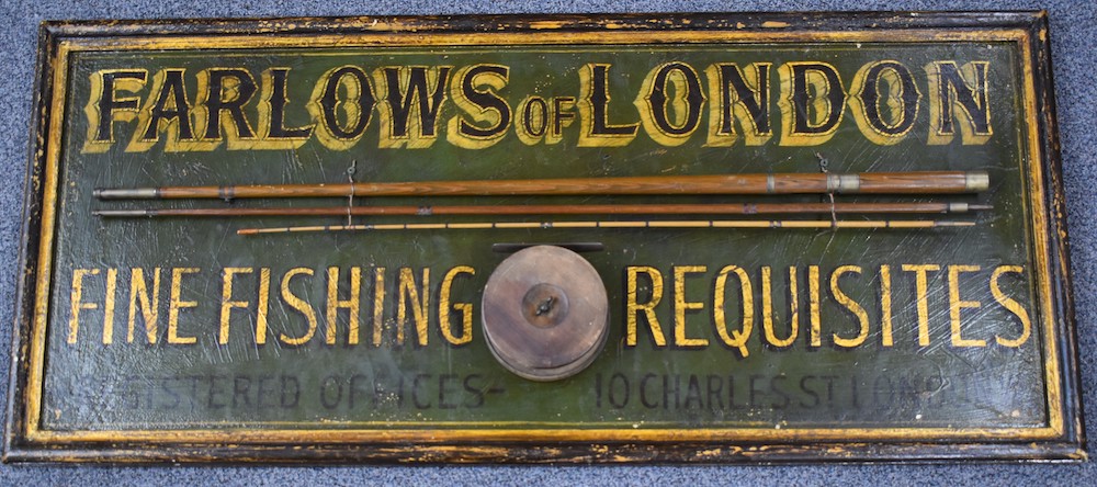 Arlows Of London Hand Painted Wooden Shop Display Or Advertising Sign 'Fine Fishing Requisites Registered Offices 10 Charles St London W.' Sold For £300