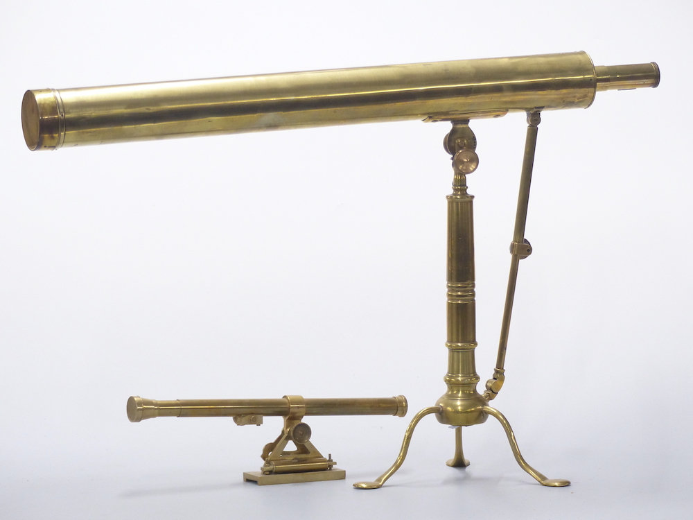 Georgian Ramsden London Brass Refractor Telescope On Adjustable Tripod Stand, Together With A Brass Clinometer Or Similar Sighting Sold For £550