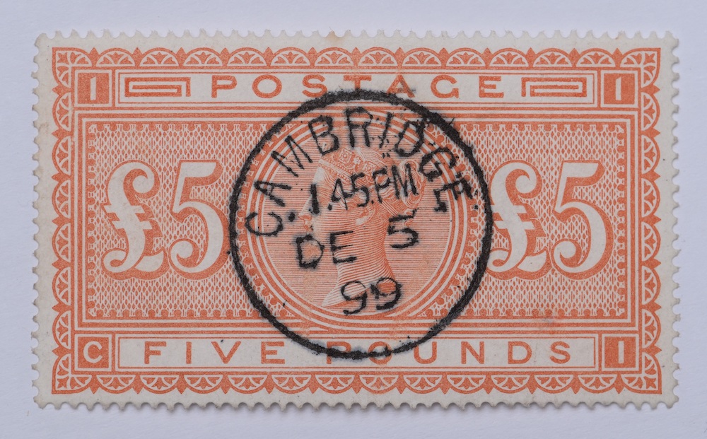 GB 1867 £5 Orange SG157 Wmk Large Anchor, With A Neat Cambridge 5Th December 1899 CDS HAMMER £1,100
