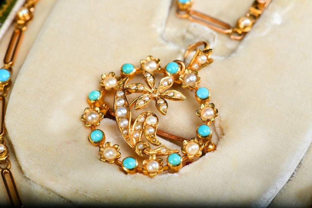 An Edwardian 15Ct Gold Necklace Set With Pearls And Turquoise. Sold For £850