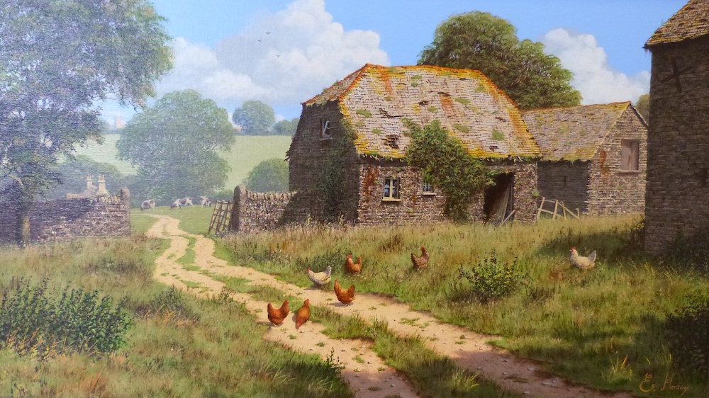 Edward Hersey (B 1948) Signed Lower Right, Oil On Canvas Of A Derelict Farmyard With Chickens Sold For Ś2,000