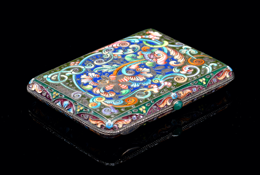 A Russian Silver Gilt And Enamel Cigarettecard Case Decorated With Polychrome Shaded Enamel Flowers. Sold For £2000