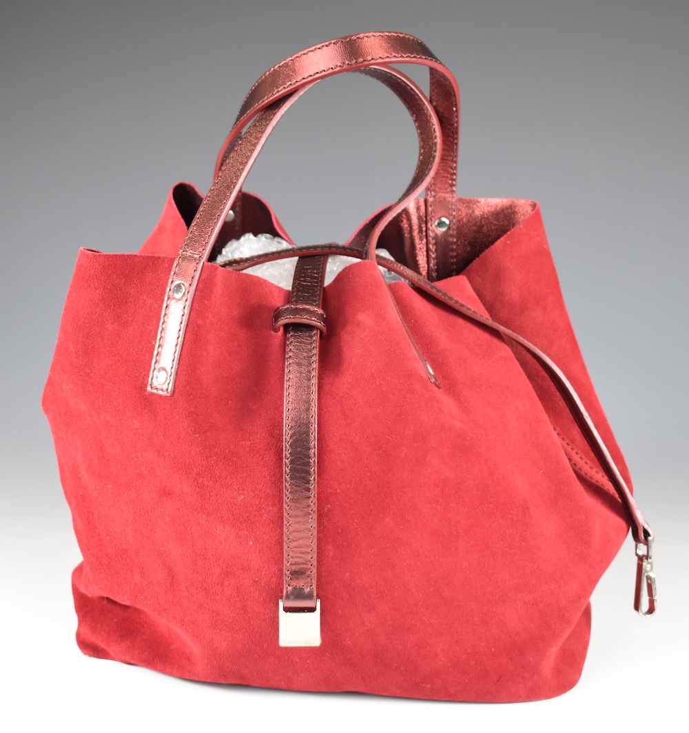 Tiffany & Co Suede And Red Metallic Leather Reversible Tote Bag With Integral Lanyard And Matching Wallet, Sold For Ś500