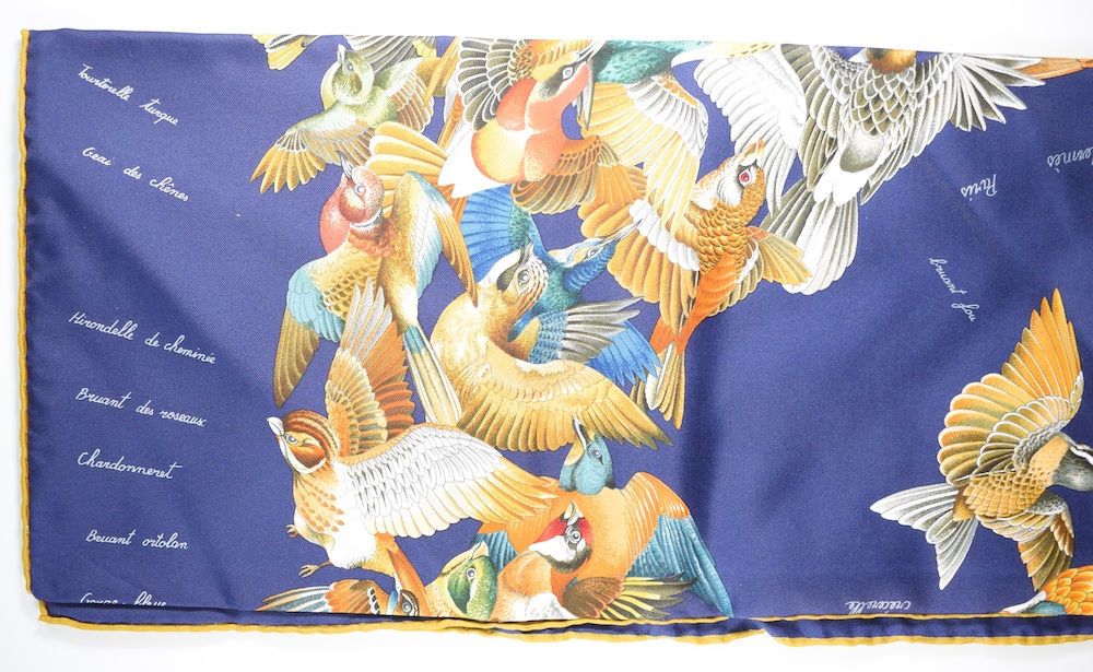 Hermšs Ladies Silk Scarf In Navy Blue With Pattern Of Garden And Wild Birds, 90 X 90Cm, In Original Box With Branded Ribbon, Sold For Œ110