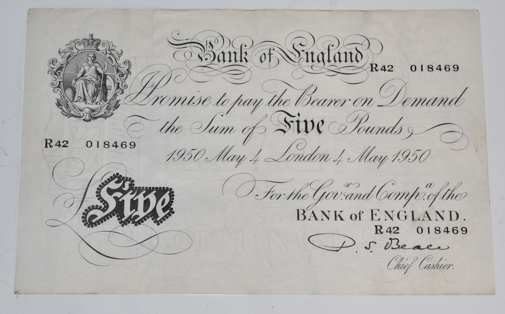 Bank Of England White Ś5 Note, Beale, 4Th May 1950. Sold For Ś70
